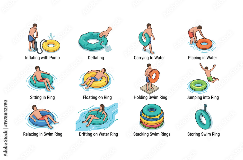 Fototapeta premium Inflating swim ring with pump, deflating swim ring, carrying swim ring to water, placing swim ring in water, sitting in swim ring,