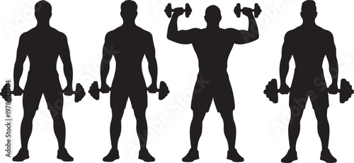 Gym workout vector silhouettes set, men and women lifting weights, exercising with dumbbells and barbells, training, fitness, bodybuilding. Silhouette  vector illustration with out background.