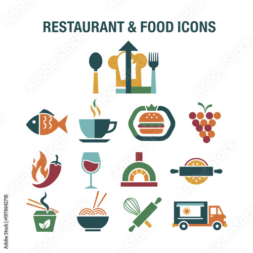 Restaurant and Food Icons Set Vector Graphic Illustration for Culinary and Dining Concepts