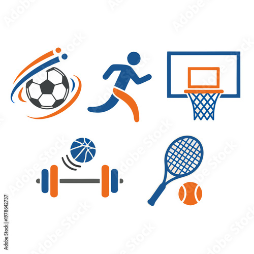 Collection of sport icons including soccer, running, basketball, dumbbells, and tennis