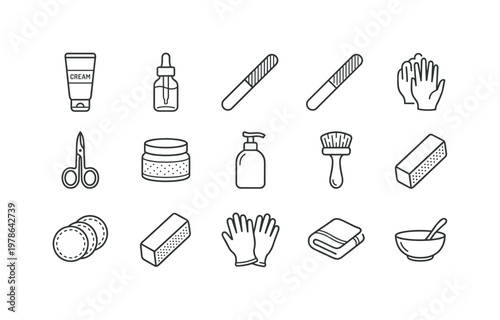 A hand care scene with a hand cream tube, cuticle oil, nail file, nail scissors, hand scrub jar, lotion pump, manicure brush, nail