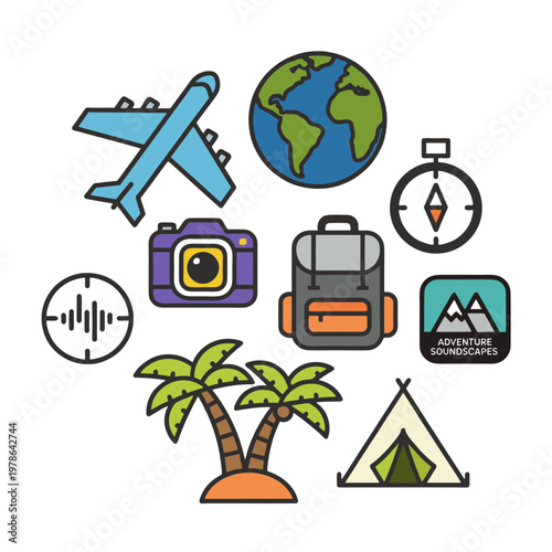 Vibrant collection of essential travel and adventure flat line icons for global exploration, outdoor journey planning, and memorable experiences