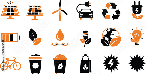 Set of environmental sustainability icons including solar panels wind turbines and recycling