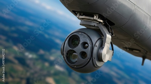 Optical sensor mounted on military aircraft under flight. High resolution surveillance camera for aerial reconnaissance mission