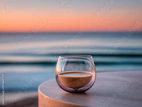 Warm sunset drink by the serene ocean waves