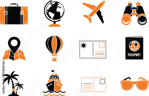 Collection of travel and vacation icons including suitcase globe airplane binoculars and map