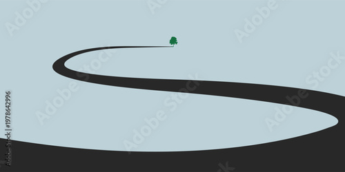 A winding dark path leading to a single small green tree in the distance on a minimalist light blue background, symbolizing journey and destination.