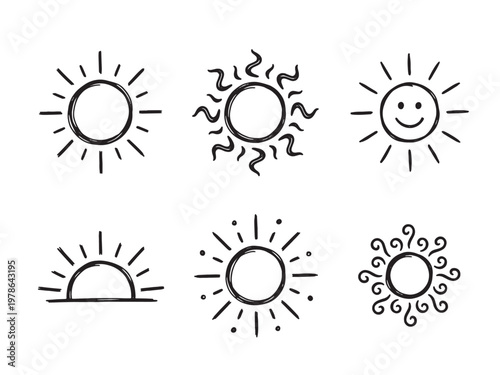 Set of 6 black sun line art icons