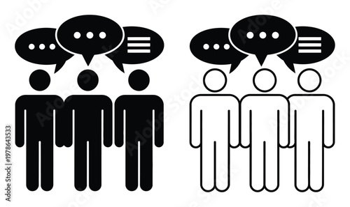 Iconography of people communicating with speech bubbles, black and white figures