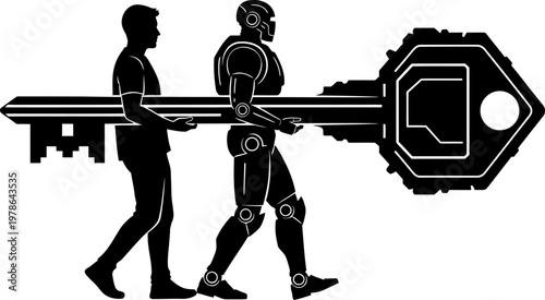 Businessman and high-tech robot carrying a giant key together, smart security