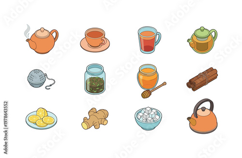 Teapot with steam, teacup with saucer, glass mug of tea, herbal tea pot, tea infuser ball, loose leaf tea jar, honey jar with