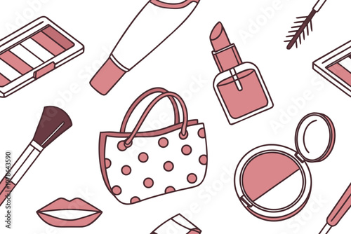 A vector graphic illustration of various makeup products and a handbag on a white background