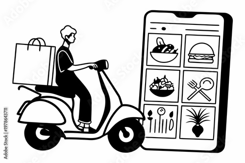 A food delivery rider on a scooter next to a smartphone with a food ordering app on the screen