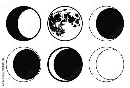 Six Phases of the Moon: Full Moon, Crescent, Gibbous, and New Moon