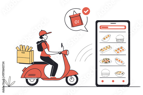 A food delivery person riding a scooter with a phone ordering food in the background