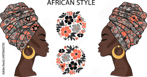 Elegant profile portraits of two African women wearing vibrant, patterned headwraps and large gold hoop earrings, showcasing African style and cultural beauty with floral motifs.