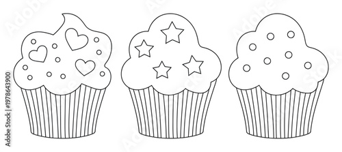 Three Outline Cupcakes with Hearts, Stars, and Dots Decorations