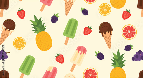 Vibrant seamless pattern of summer treats including ice cream cones, popsicles, pineapples, strawberries, oranges, and blackberries on a light yellow background, perfect for a refreshing theme.
