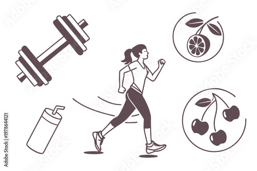 A fit woman running with a dumbbell, water bottle, and fruit icons around her, promoting a healthy lifestyle