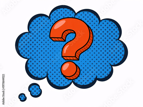 A cartoon thought bubble with a question mark symbol is depicted in a comic book style