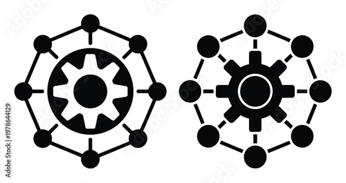 Two stylized of a gear connected to a network of nodes