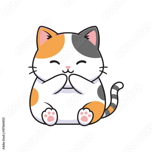 Cute Chubby Calico Cat Character Sitting and Laughing, Adorable Maneki Neko Style Kitten Illustration with Orange and Grey Patches Isolated on White