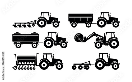 Tractor work scenes items including tractor with plow, tractor with trailer, tractor with hay bale loader, tractor with seeder,