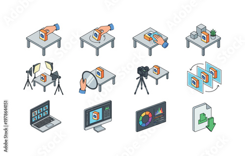 Placing product on table, adjusting product angle, cleaning product surface, arranging props composition, positioning lights
