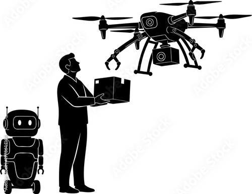 Modern drone and robot assistant delivering package to man, smart logistics