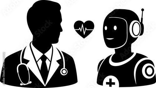 Professional doctor and medical assistant robot with heartbeat symbol, healthcare technology