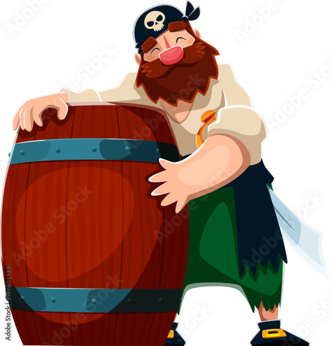 Cartoon pirate sailor character with wooden barrel of rum. Vector corsair hugging a large wooden cask, filled with alcohol drink. Funny fat sailor personage in bandana with skull exhibits joy and fun