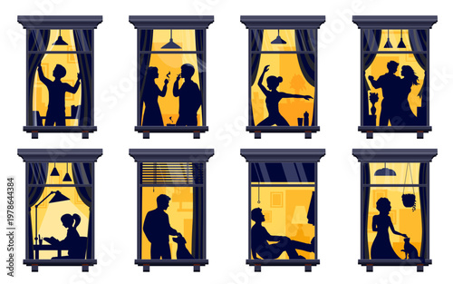 Neighborhood night windows with vector people silhouettes. Dancing person, couple smoking together, ballerina practicing, lovers embracing, girl studying, man with a dog, woman with cat