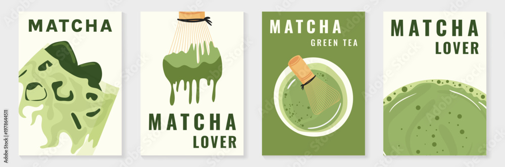 Fototapeta premium Matcha poster vector set with green tea cup, whisk, teapot and iced drink in retro pastel design. Suitable for cafe menu, wall art, beverage promotion and packaging.