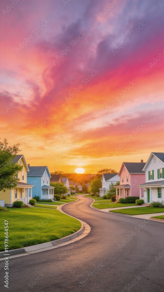Obraz premium A picturesque suburban neighborhood at sunset with a winding road and colorful houses, evoking a sense of peace and tranquility.