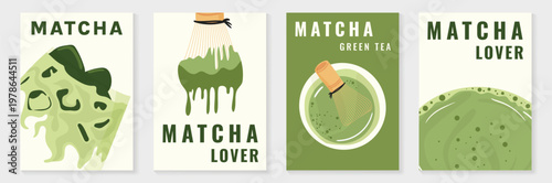 Matcha poster vector set with green tea cup, whisk, teapot and iced drink in retro pastel design. Suitable for cafe menu, wall art, beverage promotion and packaging.