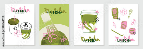 Matcha poster vector set with green tea cup, whisk, teapot and iced drink in retro pastel design. Suitable for cafe menu, wall art, beverage promotion and packaging.