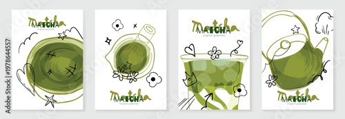 Matcha drink poster vector set with iced green tea, creamy soft serve topping and pastel cafe design. Suitable for beverage menu, wall art, cafe promotion and packaging.