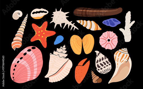 Seashells and sea creatures collection illustration set, starfish, nautilus, crab, coral, urchin, dark background ocean nature