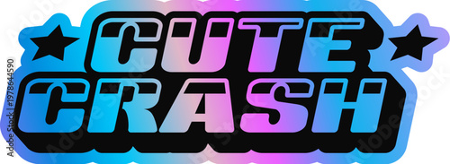 Cute crash hologram vintage Y2K sticker or symbol. Reflective iridescent Y2K tag, glossy hologram 60s 70s vector sticker. Gradient chrome holographic patch or label with retro typography