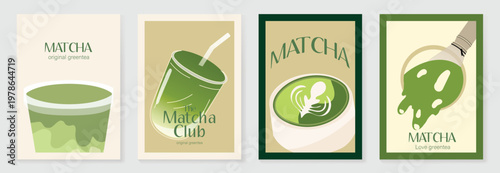 Matcha poster vector set with green tea cup, whisk, teapot and iced drink in retro pastel design. Suitable for cafe menu, wall art, beverage promotion and packaging.