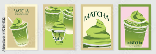 Matcha drink poster vector set with iced green tea, creamy soft serve topping and pastel cafe design. Suitable for beverage menu, wall art, cafe promotion and packaging.