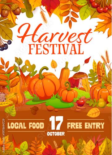 Autumn harvest festival party flyer with cartoon fall leaves borders. Vector autumn event and Thanksgiving holiday party invitation flyer with maple and chestnut leaves, pumpkins, acorns and mushroom