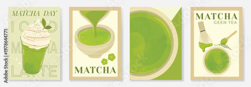Matcha poster vector set with green tea cup, whisk, teapot and iced drink in retro pastel design. Suitable for cafe menu, wall art, beverage promotion and packaging.