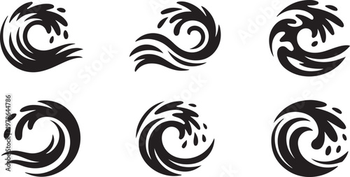 Wave logotypes. Water splashes logo, flowing liquid motion curves stripes swirls. Silhouette  vector illustration with out background.