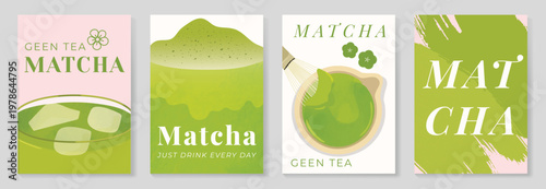 Matcha poster vector set with green tea cup, whisk, teapot and iced drink in retro pastel design. Suitable for cafe menu, wall art, beverage promotion and packaging.