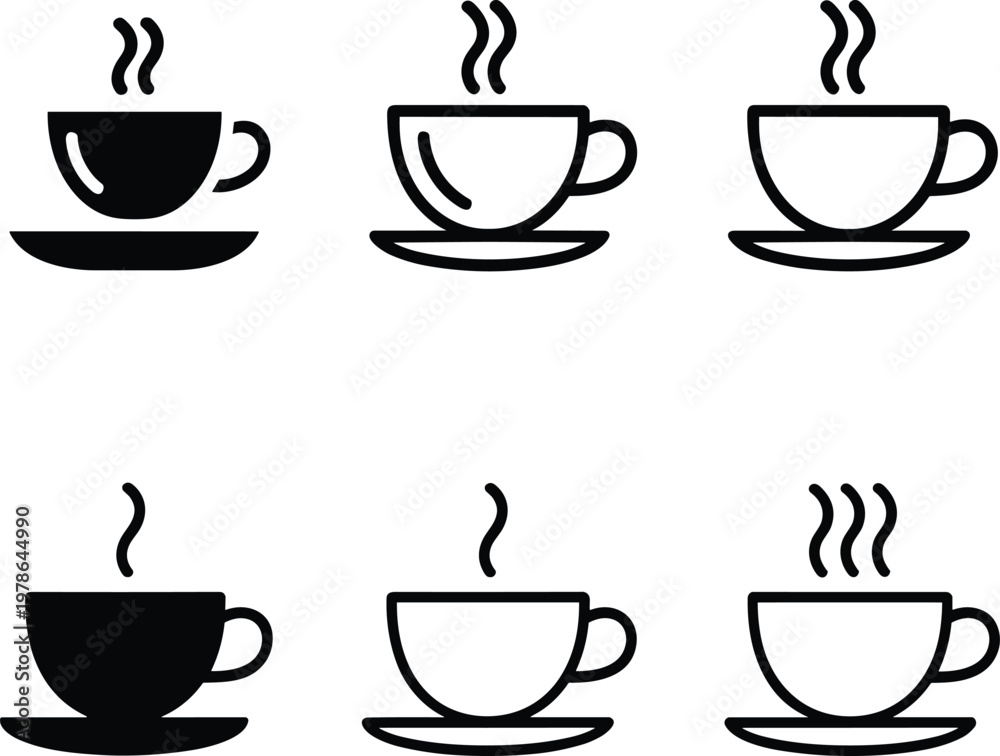 Obraz premium Coffee cup icon set with hot beverage symbols in flat and outline styles for cafe menu design