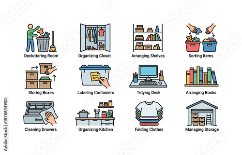 Home organization tasks with decluttering room, organizing closet, arranging shelves, sorting items, storing boxes, labeling