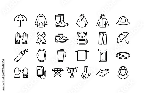 Rainy day personal accessories including umbrella raincoat waterproof boots poncho hooded jacket rain hat waterproof gloves scarf