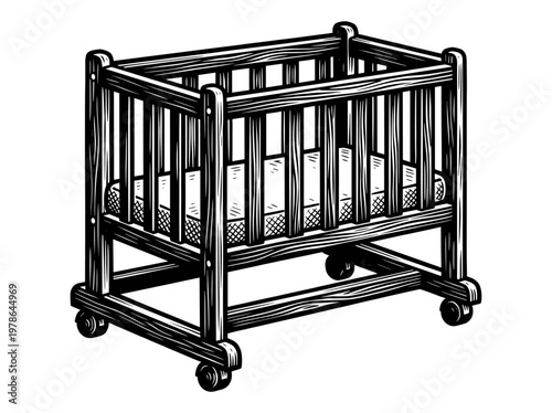 Mini Crib Nursery Furniture Engraving Illustration Black and White Line Art