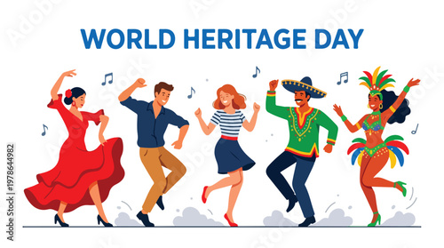 Billede på lærred Vector of a group of people from various countries dancing traditional dances to